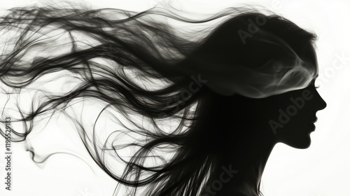 In an otherworldly scene, a faintly illuminated female silhouette with smoke flowing as her hair exudes grace and an air of surreal enchantment. photo