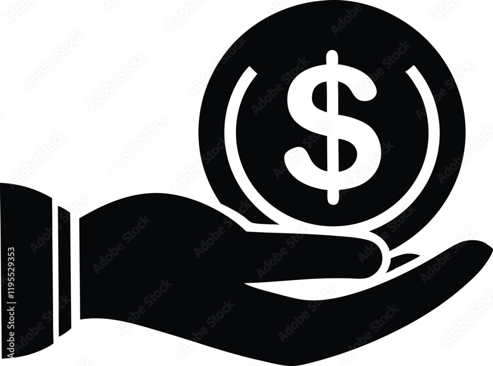 Dollar coin in hand icon silhouette,Dollar coin black vector icon Dollar coin in hand icon silhouette,Dollar coin black vector icon