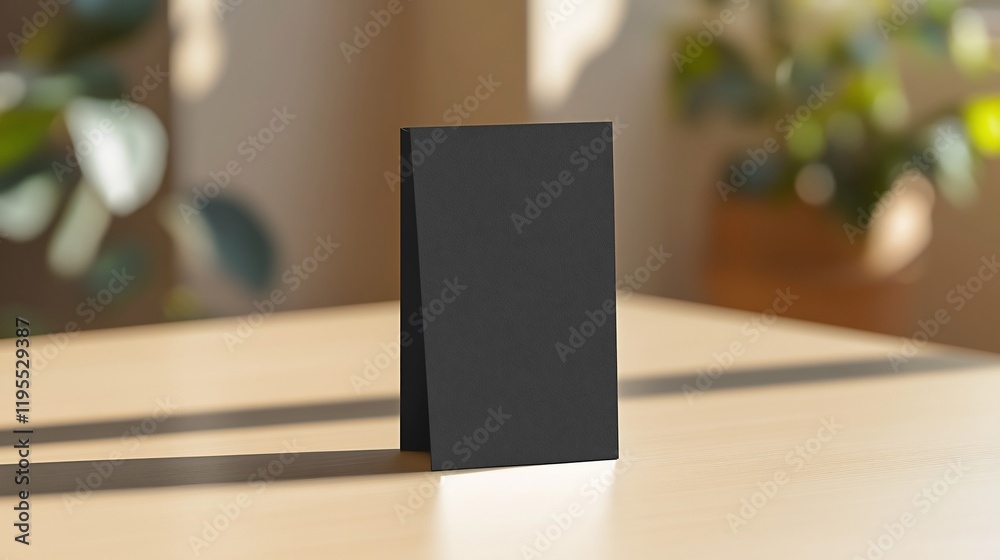 Naklejka premium Blank black tent card mockup, table, sunlight, plants