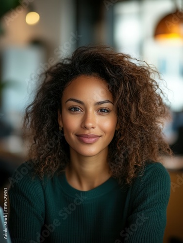 Confident black female entrepreneur smiling at camera in modern office setting. Black History Month