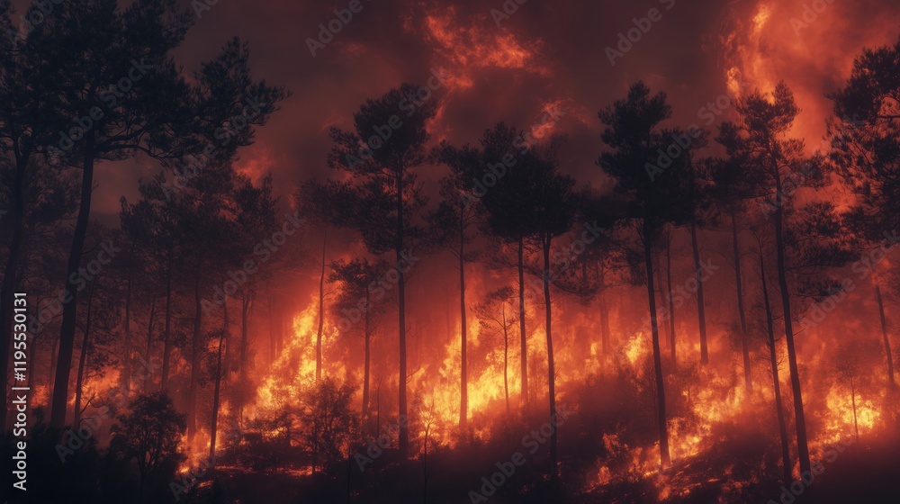 The forest is overtaken by a roaring wildfire, with fiery red and orange flames devouring the landscape while a smoky sky looms above, highlighting the raw and destructive power of nature. The forest is overtaken by a roaring wildfire, with fiery red and orange flames devouring the landscape while a smoky sky looms above, highlighting the raw and destructive power of nature.