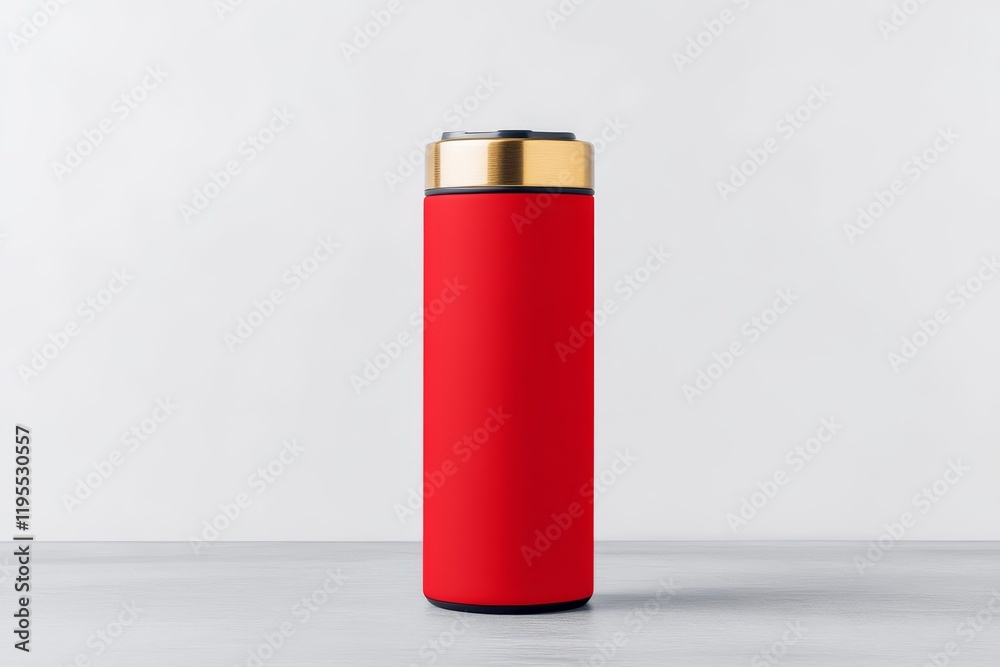 A sleek red thermos with a gold lid, set against a minimalistic background, perfect for keeping drinks hot or cold. A sleek red thermos with a gold lid, set against a minimalistic background, perfect for keeping drinks hot or cold.
