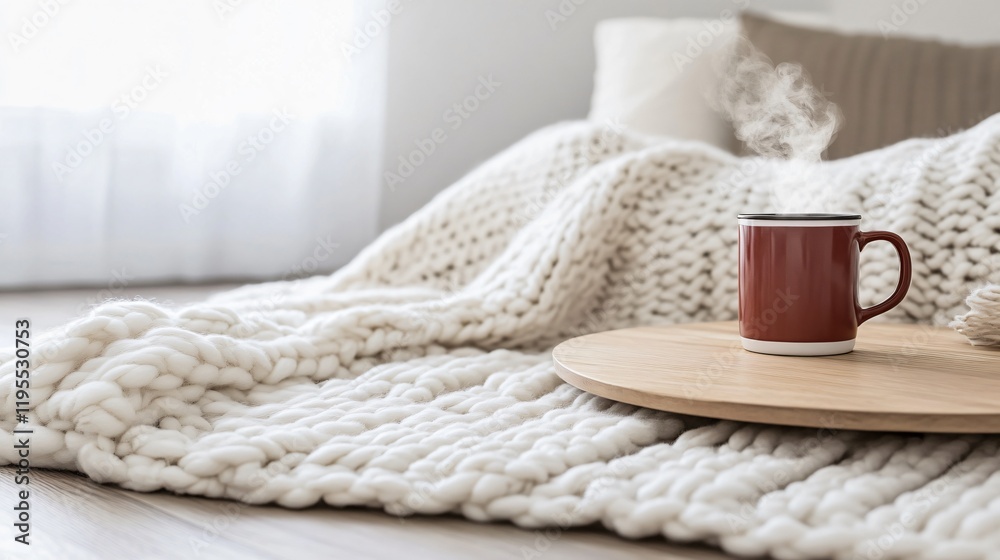 Cozy Winter Morning Hot Drink Mug on Knit Blanket Cozy Winter Morning Hot Drink Mug on Knit Blanket