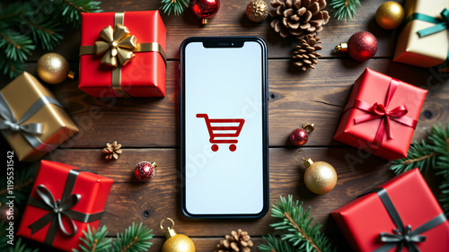 A cheerful mobile shopping scene with gifts and holiday decorations, perfect for festive promotions. photo