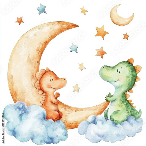 Cute baby dinosaurs sitting on crescent moon cloud watercolor painting isolated on white background. photo