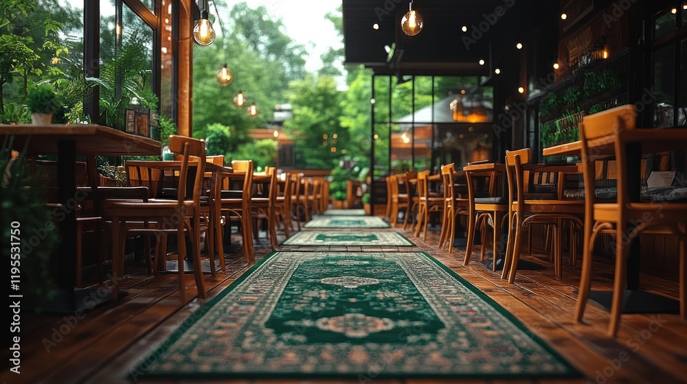 Obraz premium Empty restaurant with wooden chairs and tables, green carpet runner, and lush greenery visible through large windows.