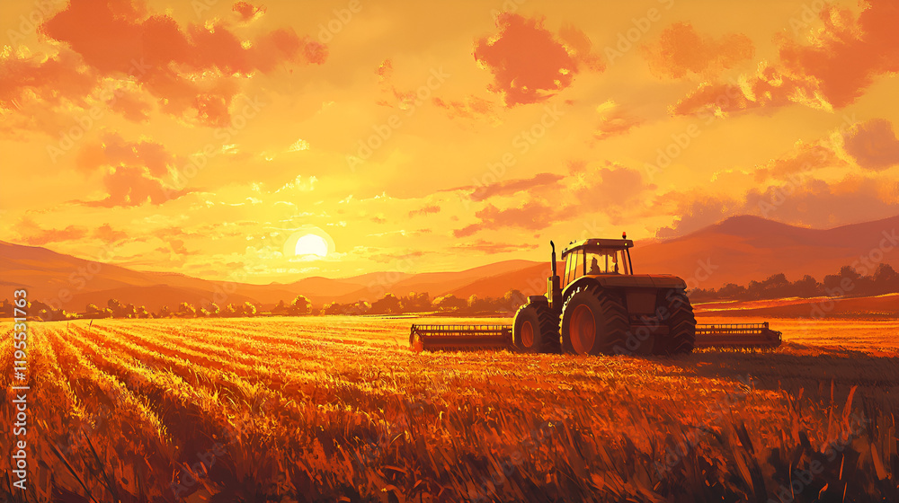 Fototapeta premium A self-driving tractor harvesting crops on a vast agricultural field at sunset