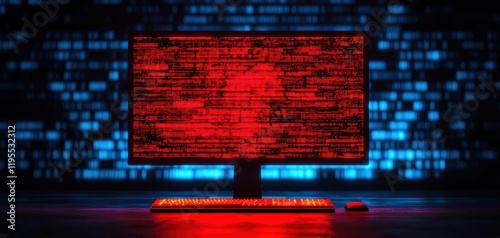 Red alert message flashing on a computer screen in a dark room representing cyber attack detection and prevention photo