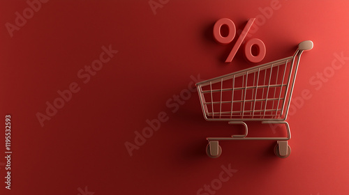 The percentage symbol (%) falling gracefully into an empty cart, the cartâs wheels slightly turning, surrounded by light and shadow contrasts, against a striking red background. photo