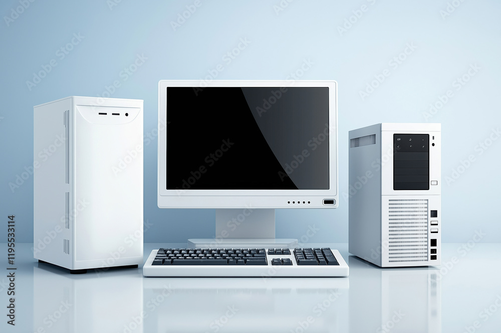 Computer setup featuring a monitor, keyboard, and white desktop tower in a clean workspace Computer setup featuring a monitor, keyboard, and white desktop tower in a clean workspace
