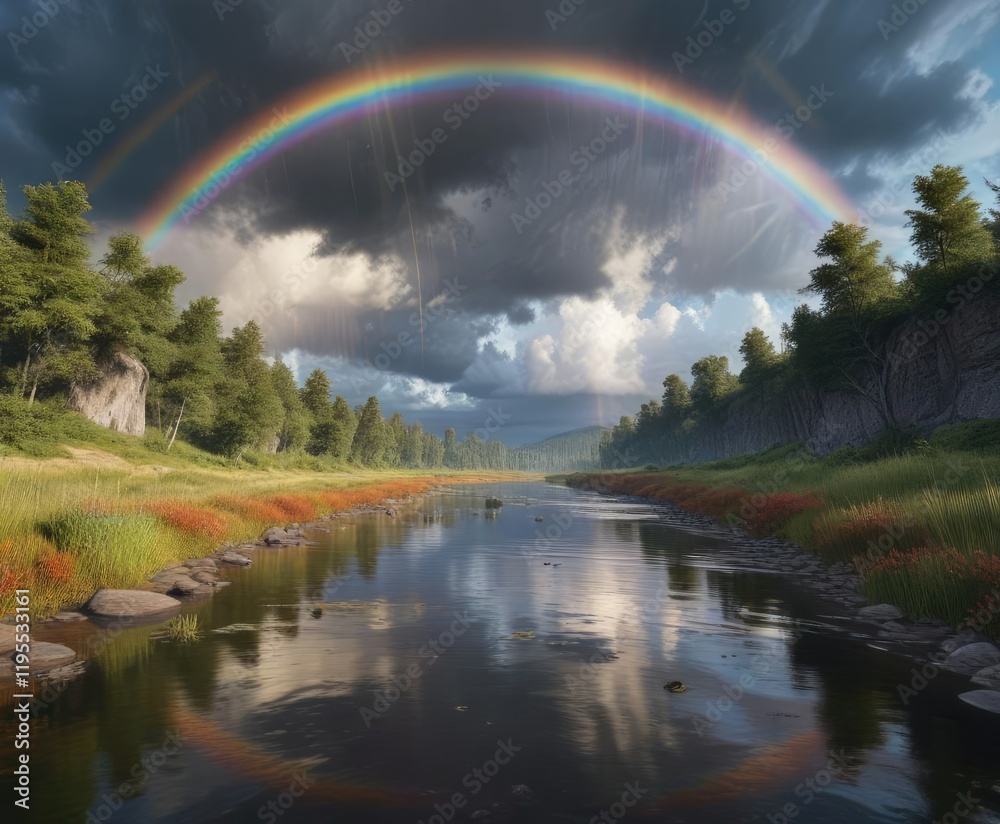 Naklejka premium A colorful rainbow peeking through the gaps of cloudy skies above a tranquil river, rainbow, landscape