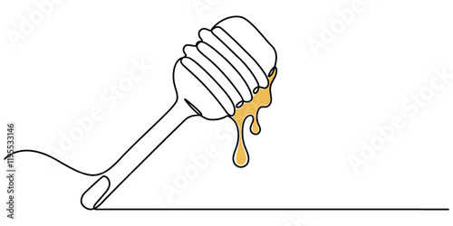 A continuous line drawing of a honey jar with a dipper, Vector continuous one single line drawing of honey on dipper in silhouette on a white background. Linear stylized. honey                        