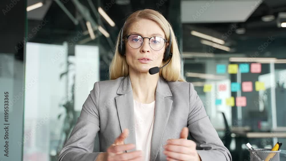 Webcam view. Confident female in wireless headset customer service representative operator talking on video call looking at camera sitting in business office. Agent of the call center advises client