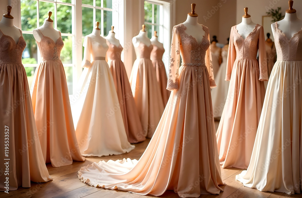 Wedding Dresses in Mocha Mousse Color. A collection of stunning wedding dresses in elegant Mocha Mousse color displayed on mannequins in natural light Wedding Dresses in Mocha Mousse Color. A collection of stunning wedding dresses in elegant Mocha Mousse color displayed on mannequins in natural light