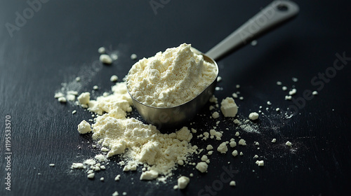 A metal measuring scoop filled with protein powder on a dark surface, surrounded by scattered powder, symbolizing nutrition, fitness, and healthy living photo