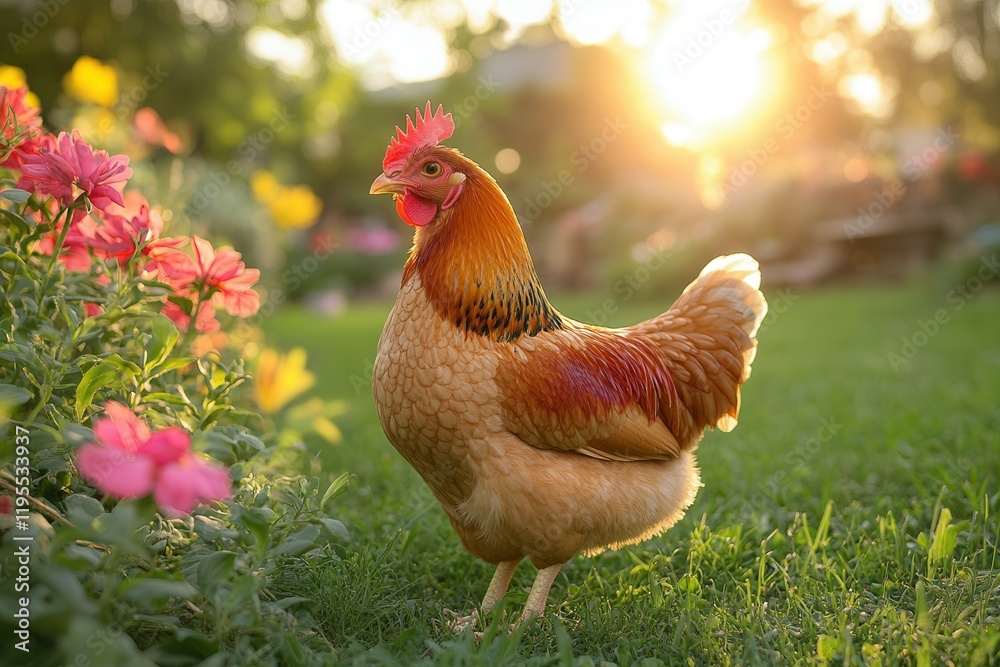 Fototapeta premium Chicken wandering in sunlit farmyard garden.