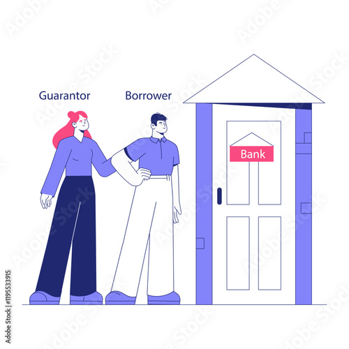 Guarantor And Borrower Standing In Front Of Bank In Flat Vector Illustration Symbolizing Financial Support, Loan Agreement, And Banking Services, Isolated On White Background