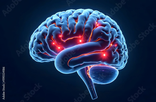 Neural Connections and Brain Activity. A detailed 3D illustration of the human brain highlighting neural connections and activity, representing neuroscience and mental health concepts.