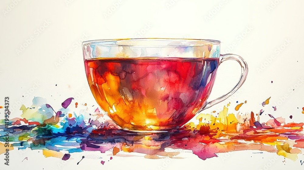 Watercolor painting of a glass cup filled with tea, vibrant colors splashing around it. Watercolor painting of a glass cup filled with tea, vibrant colors splashing around it.