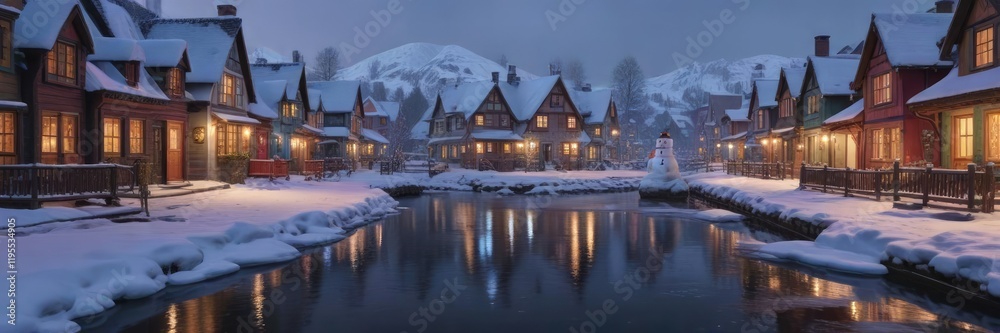Fototapeta premium A large snowman in the foreground of a cozy winter village with snow-covered houses and a frozen canal, cold weather, village, snowman
