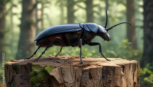 A Lesser Stag Beetle Dorcus parallelipipedus perched on a tree stump in woodland , tree stump, forest floor photo