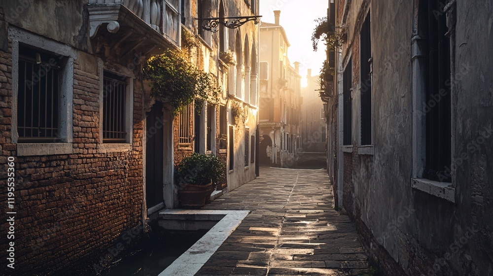 Fototapeta premium Golden sunrise illuminating picturesque canal and alley in venice, italy