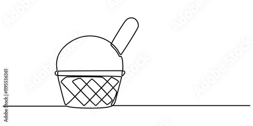 Ice cream bar continuous one line drawing vector illustration, Ice Cream Single Line Icon, Ice cream in waffle cone in one continuous line drawing. Symbol dessert gelato for menu and business card .