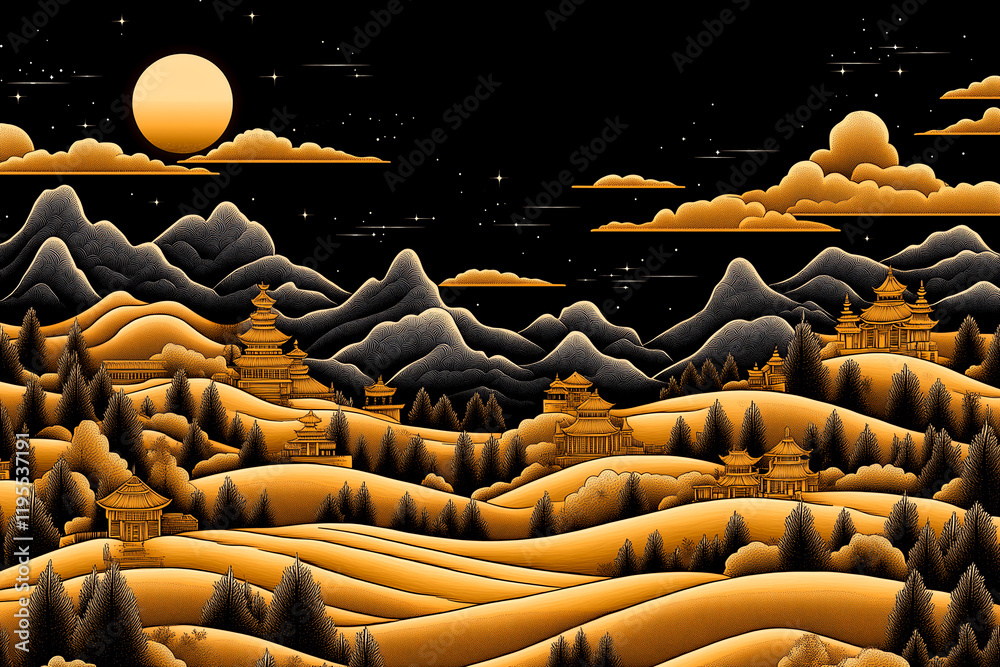 Fototapeta premium A mountain range with a moon in the sky