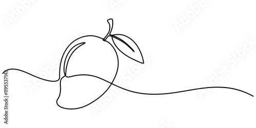 Continuous one line drawing of mango. Doodle vector illustration, Continuous one line drawing of mango fruit with leaf. Mango fruit hand drawn single line art vector illustration, Continuous line draw