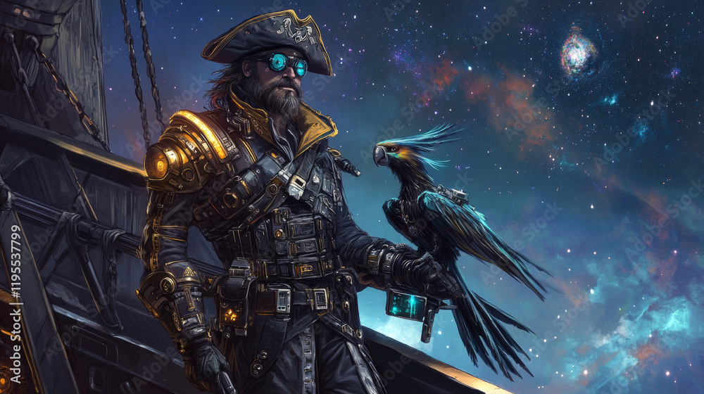 Fototapeta premium Design a charismatic pirate captain with futuristic armor, a mechanical parrot, and a glowing plasma cutlass. Set on a sleek, high-tech pirate ship in space, exuding confidence, mystery, and adventure