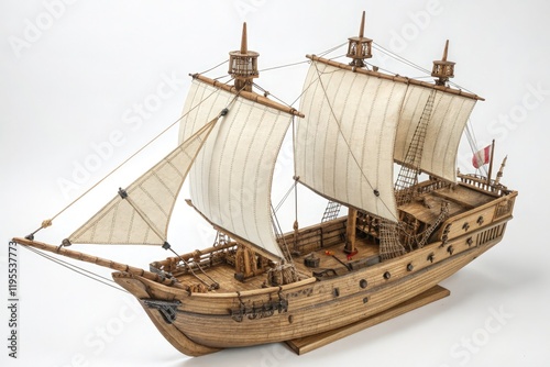 Detailed Miniature Sailing Ship Model With Sails and Flags. Generative AI photo