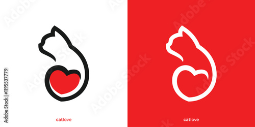 Simple Cat Love Logo. Cat and Love Shape Icon Graphic. Pet Care Logo Design Template.