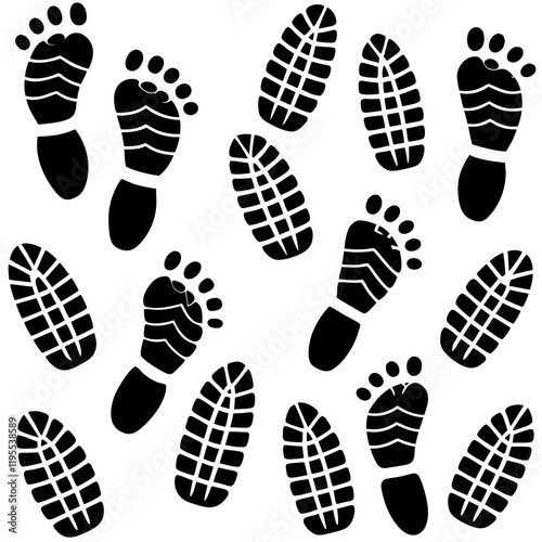 A collection of black silhouette footprints and shoe prints, showing various orientations and types of footwear 