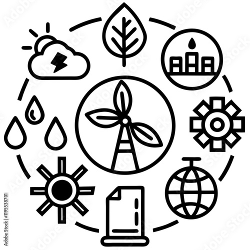 A set of simple line icons representing concepts related to ecology, sustainability, renewable energy, and environmental protection 