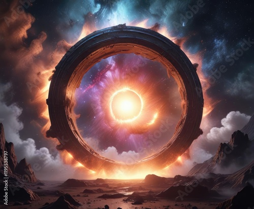A mystical glowing portal in a nebula with swirling clouds of gas and dust, astrophysics, nebula, stardust