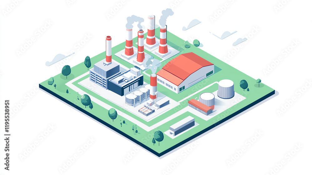 A modern industrial complex featuring factories, smokestacks, and storage tanks in a stylized green landscape. A modern industrial complex featuring factories, smokestacks, and storage tanks in a stylized green landscape.