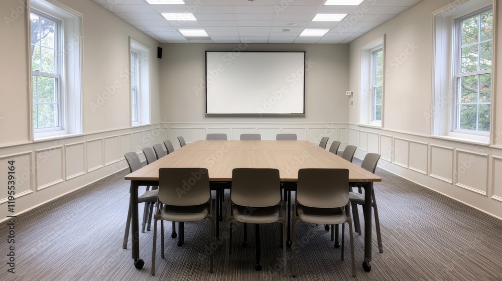 Empty conference room designed for uninterrupted concentration featuring large table and projection screen Empty conference room designed for uninterrupted concentration featuring large table and projection screen