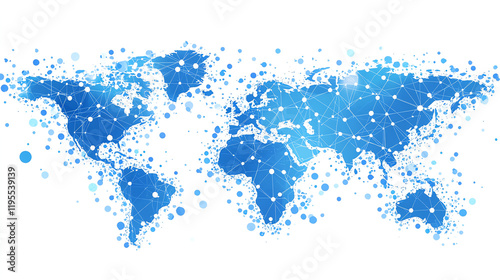 Abstract map of the world in blue tones, illustrating global connectivity through digital networks and technology.