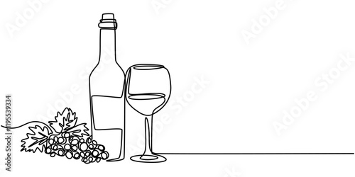 Vector continuous one single line drawing icon of wine glass and grapes in silhouette on a white background. Linear stylized, Vector abstract continuous one single simple line drawing icon of   glass.