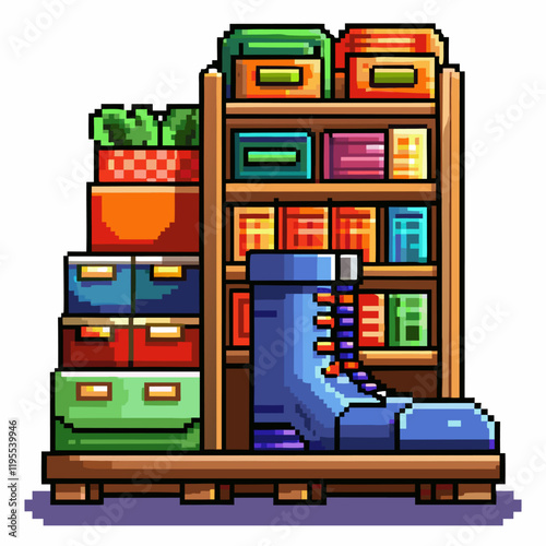 Pixel Art Storage Shelves with Colorful Boxes and Boots