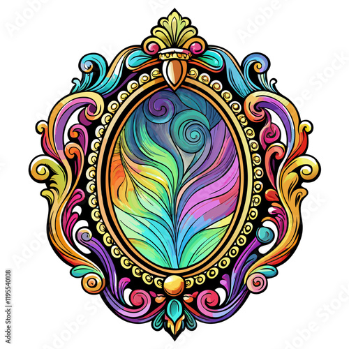 Colorful Ornate Oval Frame with Abstract Feather Design Vector Illustration