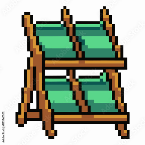 Pixel Art Wooden Shelf with Green Books Retro 8 Bit Style Illustration