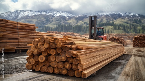 Forklift stacks lumber among piles of logs in a lumber yard with mountains in the background.