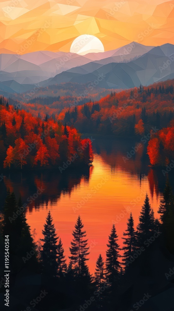 Fototapeta premium Autumn sunset lake, mountain reflection, nature poster