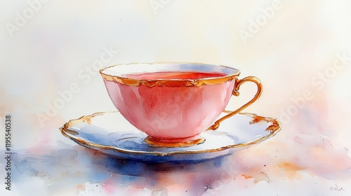 Watercolor painting of a pink teacup and saucer.