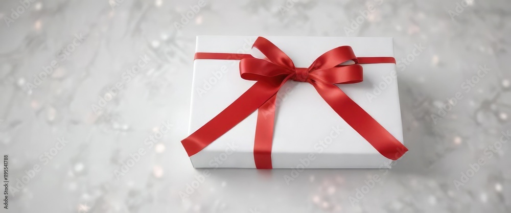 A red ribbon tied in a bow on a white gift wrapping paper, party decor, bows A red ribbon tied in a bow on a white gift wrapping paper, party decor, bows