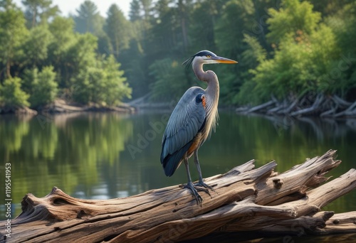 A regal great blue heron sits atop a weathered driftwood log, gazing out across a serene lake, wetland, lake, birdlife
