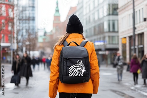 Wallpaper Mural Young caucasian female walking in urban street with zebra backpack in winter. Torontodigital.ca