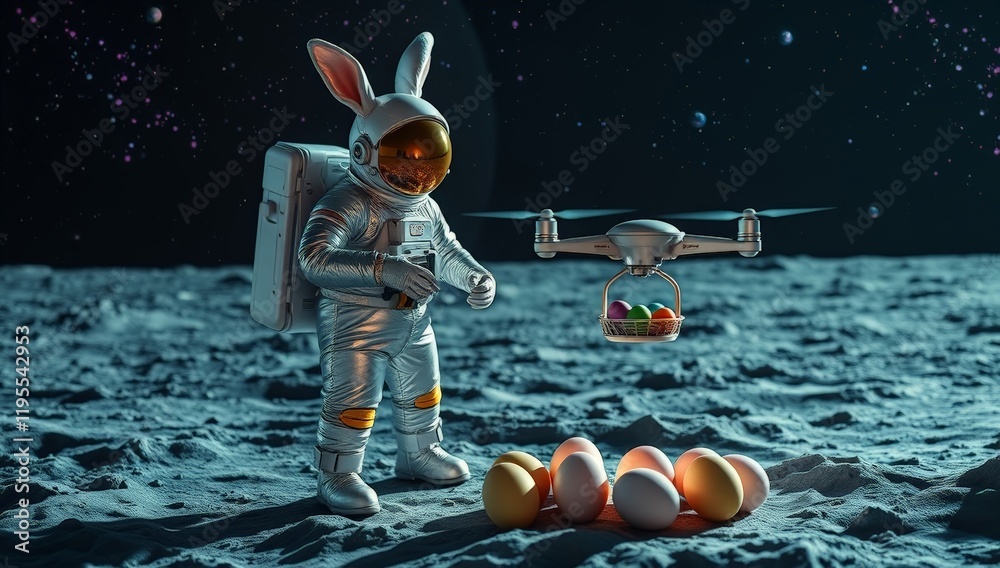 Naklejka premium Space-themed Easter Bunny with eggs and flying drone
