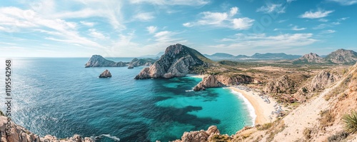 Panoramic view of santa maria beach embracing the rugged baja california sur coastline